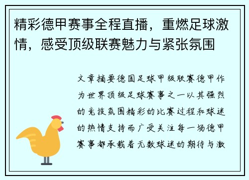 精彩德甲赛事全程直播，重燃足球激情，感受顶级联赛魅力与紧张氛围