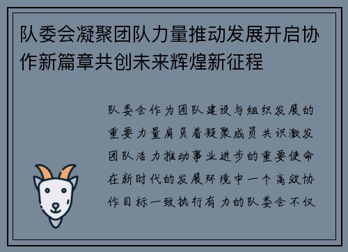 队委会凝聚团队力量推动发展开启协作新篇章共创未来辉煌新征程 队委会凝聚团队力量推动发展开启协作新篇章共创未来辉煌新征程